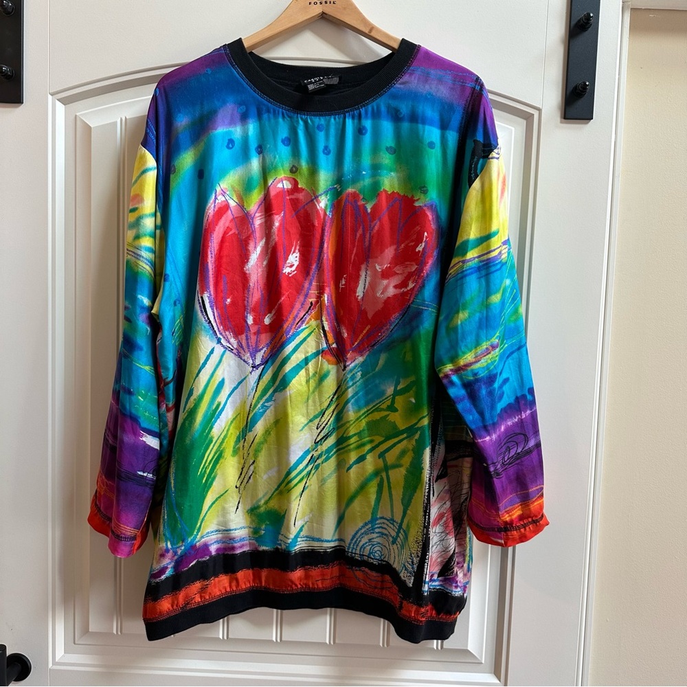 CAROL LITTLE Sport Silk Tunic Lined Pull-over VTG Artsy Hearts M/10